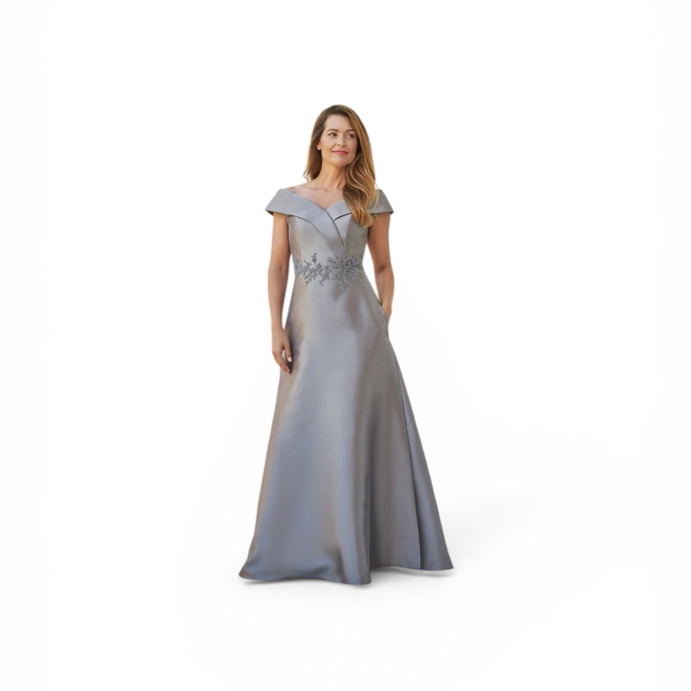 Jade Silver Off-Shoulder Maxi Gown with Embellished Waist
